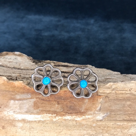 Jewelry - Native American Style Sterling Silver Sandcast Flower Earrings with Turquoise